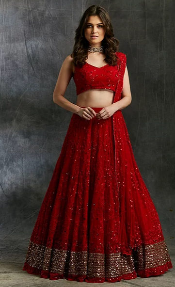 Astha Narang Red Sequins Lehenga With Gold Border - The Grand Trunk