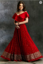 Load image into Gallery viewer, Astha Narang Off Shoulder Crop Top with Red Embroidered Lehenga - The Grand Trunk