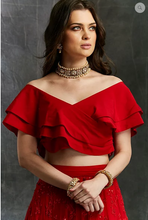 Load image into Gallery viewer, Astha Narang Off Shoulder Crop Top with Red Embroidered Lehenga - The Grand Trunk