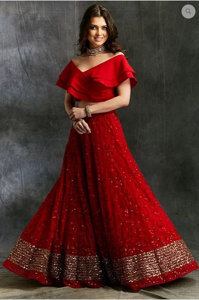 Astha Narang Off Shoulder Crop Top with Red Embroidered Lehenga - The Grand Trunk