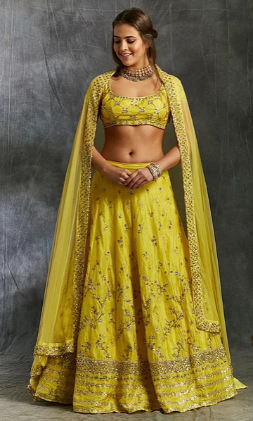 Astha Narang Yellow Silk Lehenga with Gota and Sitaara Jaal - The Grand Trunk