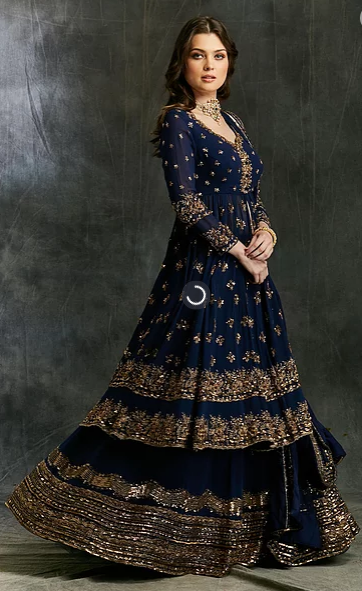 Astha Narang Dark Blue Gold Jacket with Skirt - The Grand Trunk