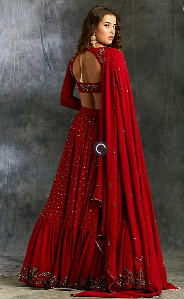 Astha Narang Red and Gold Georgette Booti Lehenga - The Grand Trunk