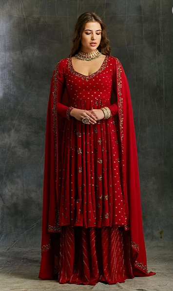 Astha Narang Red Georgette Anarkali with Sharara - The Grand Trunk