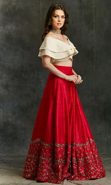 Astha Narang Red Border Lehenga With Off-shoulder Crop Top - The Grand Trunk