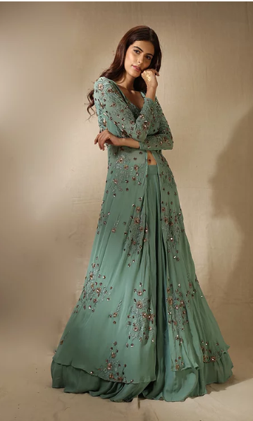 Astha Narang Dull Olive Floral Threadwork and Sequins Jacket with Flared Skirt - The Grand Trunk