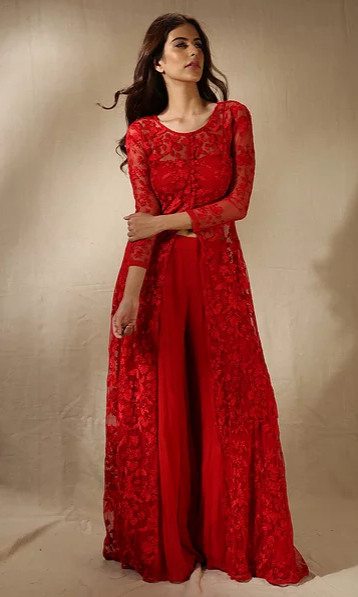 Astha Narang Red Thread Work Front Open Jacket Kurta with Flared Pants - The Grand Trunk