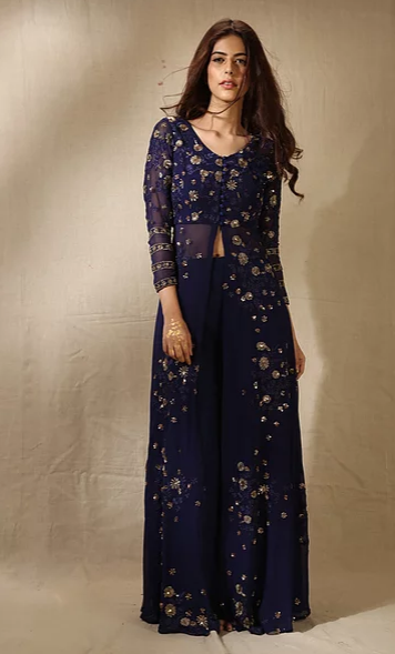 Astha Narang Navy Front Open Embroidered Jacket and Lehenga - The Grand Trunk