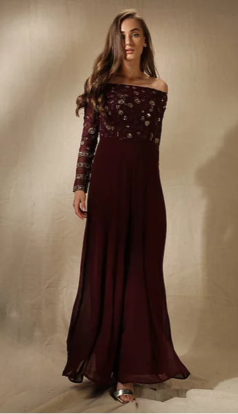 Astha Narang Dark Wine Floral Embroidered Jumpsuit - The Grand Trunk