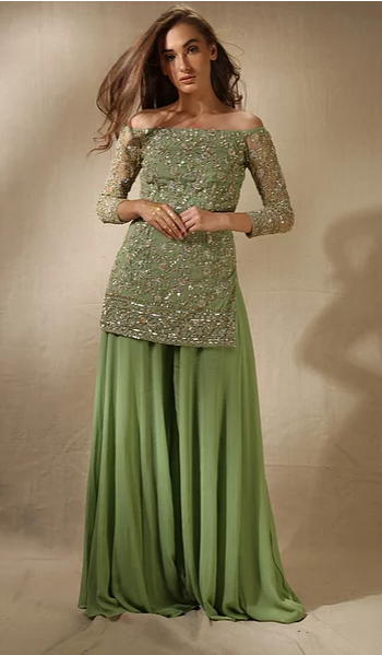 Astha Narang Leaf Green Sequins Handwork Kurta with Flared Pants - The Grand Trunk