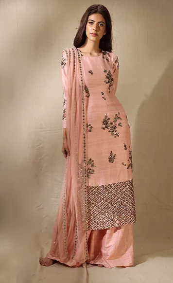 Astha Narang Blush Pink and Antique Gold Floral Handwork Kurta with Flared Pants - The Grand Trunk