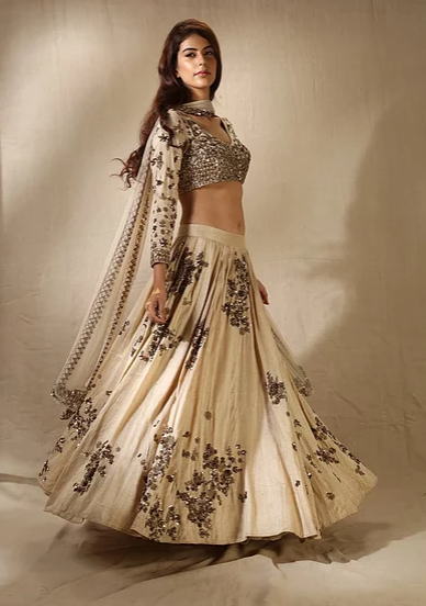Astha Narang Off White and Gold Floral Sequins Work Lehenga Set - The Grand Trunk