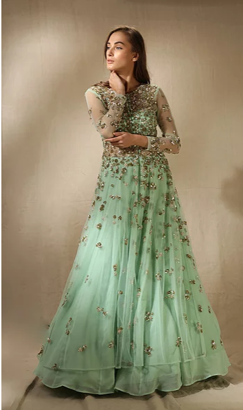 Astha Narang Mint Front Open Sequins Jacket with Flared Skirt - The Grand Trunk