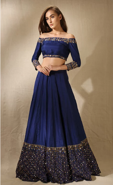 Astha Narang Navy and Gold Sequins Lehenga with Off Shoulder Crop Top - The Grand Trunk