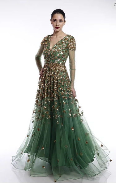 Astha Narang Leaf green sequin jacket with skirt - The Grand Trunk