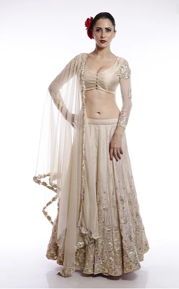 Astha Narang Off white and gold floral thread work and sequins embroidered Lehenga - The Grand Trunk