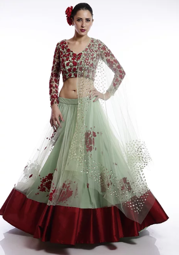 Astha Narang Mint green and red floral thread and sequins embroidered Lehenga - The Grand Trunk