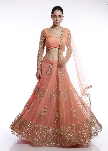 Astha Narang Coral and gold floral sequins embroidered lehenga - The Grand Trunk
