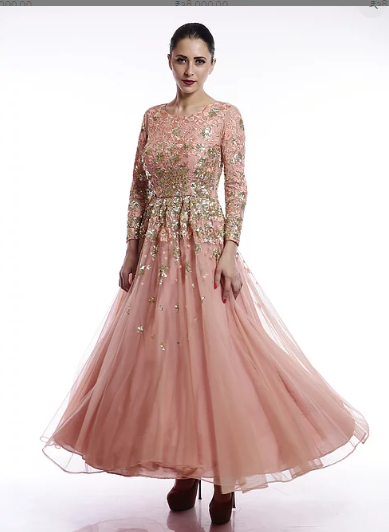 Astha Narang Peach and gold shimmer sequins embroidered flared gown - The Grand Trunk
