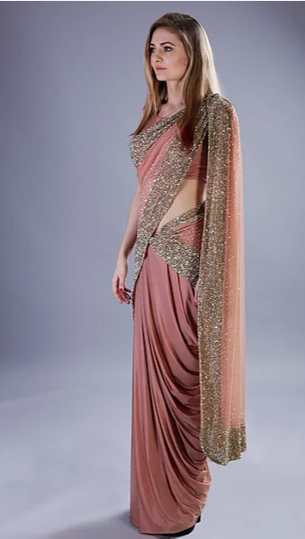 Astha Narang Rose Gold Shimmer Drape Saree - The Grand Trunk