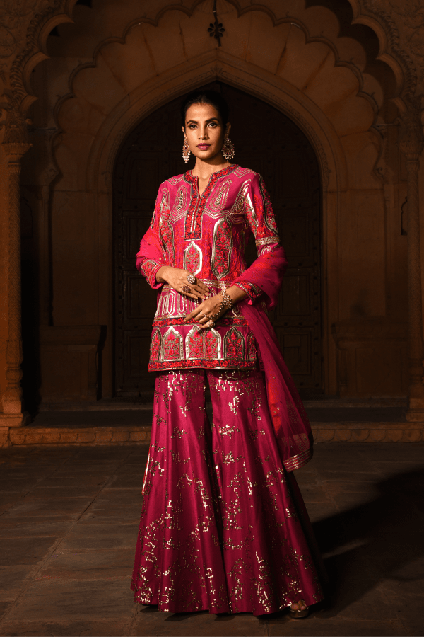 Renu Tandon -Gold Foil Khushnuma Sharara Suit - The Grand Trunk