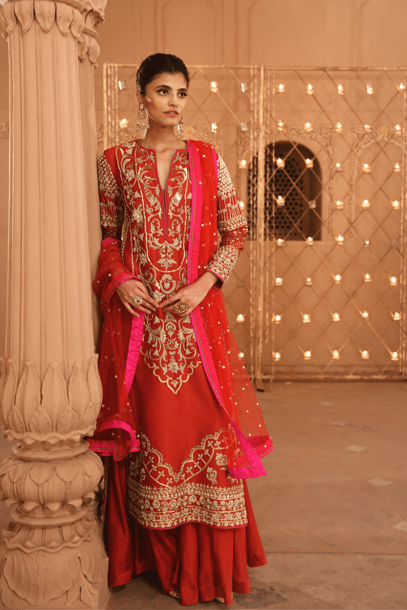 Renu Tandon - Surkh Zari Straight Suit - The Grand Trunk