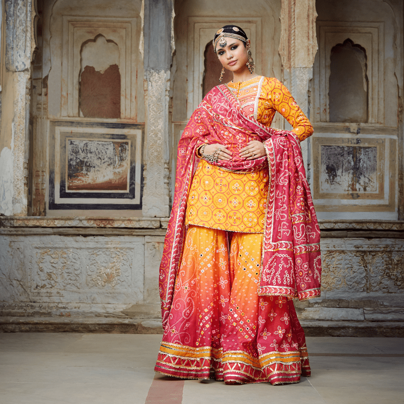 Mayyur Girotra- yellow and pink omrey kurta gharara set - The Grand Trunk