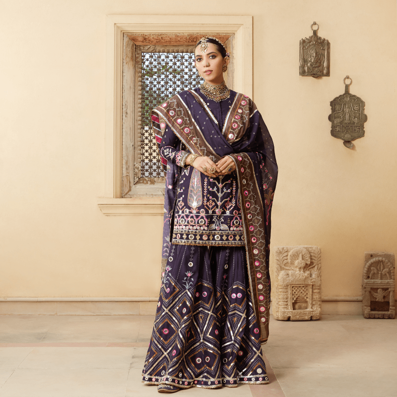 Mayyur Girotra dark purple gharara set - The Grand Trunk