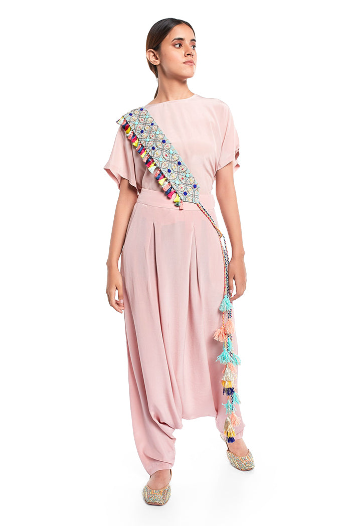 Pale Blue Crepe Gota Oggee Embroidered Tie- Up Belt with Colourful Tassels - The Grand Trunk