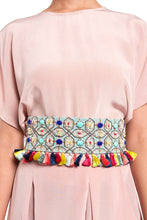 Load image into Gallery viewer, Pale Blue Crepe Gota Oggee Embroidered Tie- Up Belt with Colourful Tassels - The Grand Trunk
