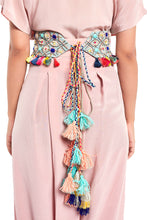 Load image into Gallery viewer, Pale Blue Crepe Gota Oggee Embroidered Tie- Up Belt with Colourful Tassels - The Grand Trunk