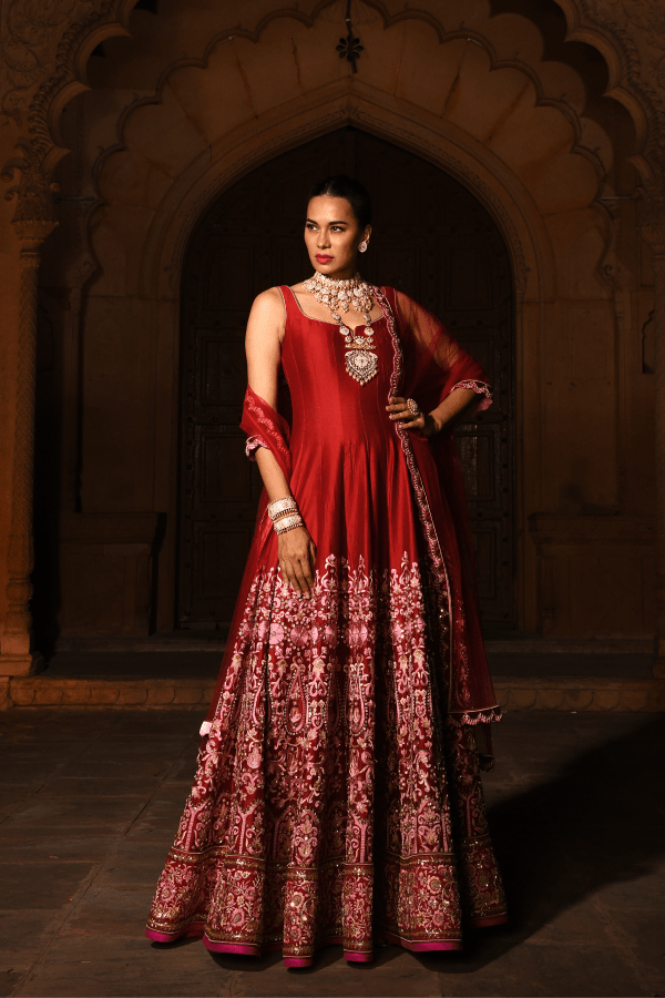 Renu Tandon -Surkh sleeveless anarkali suit - The Grand Trunk