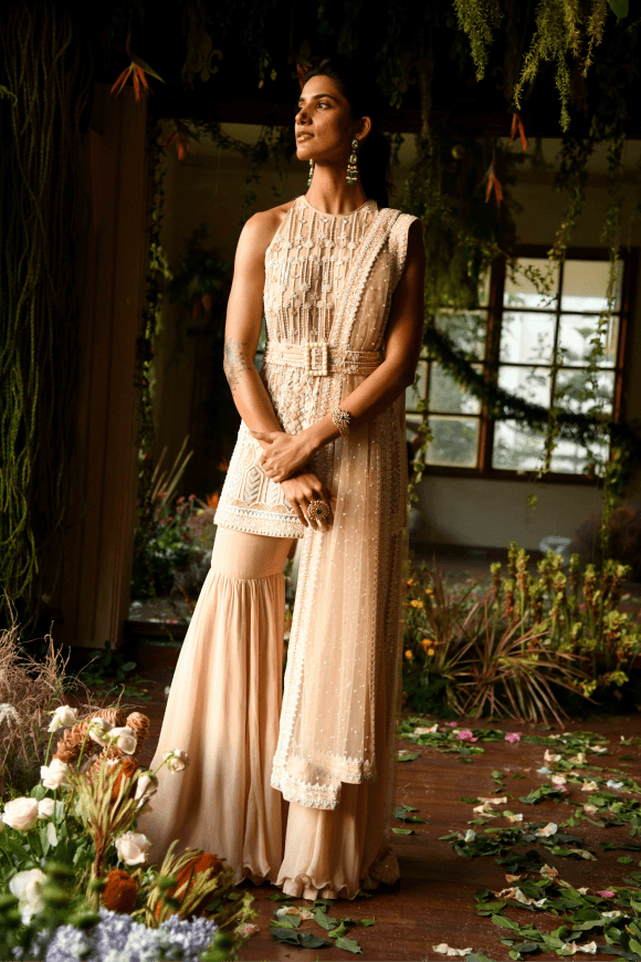 Renu Tandon - Beige Sharara Suit Set - The Grand Trunk