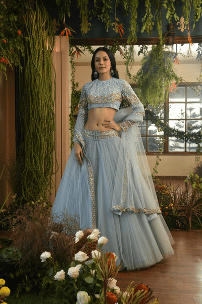 Renu Tandon - Aqua Lehenga Set with Belt - The Grand Trunk