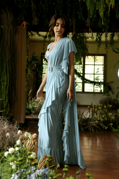 Renu Tandon - Aqua Drape saree with belt - The Grand Trunk