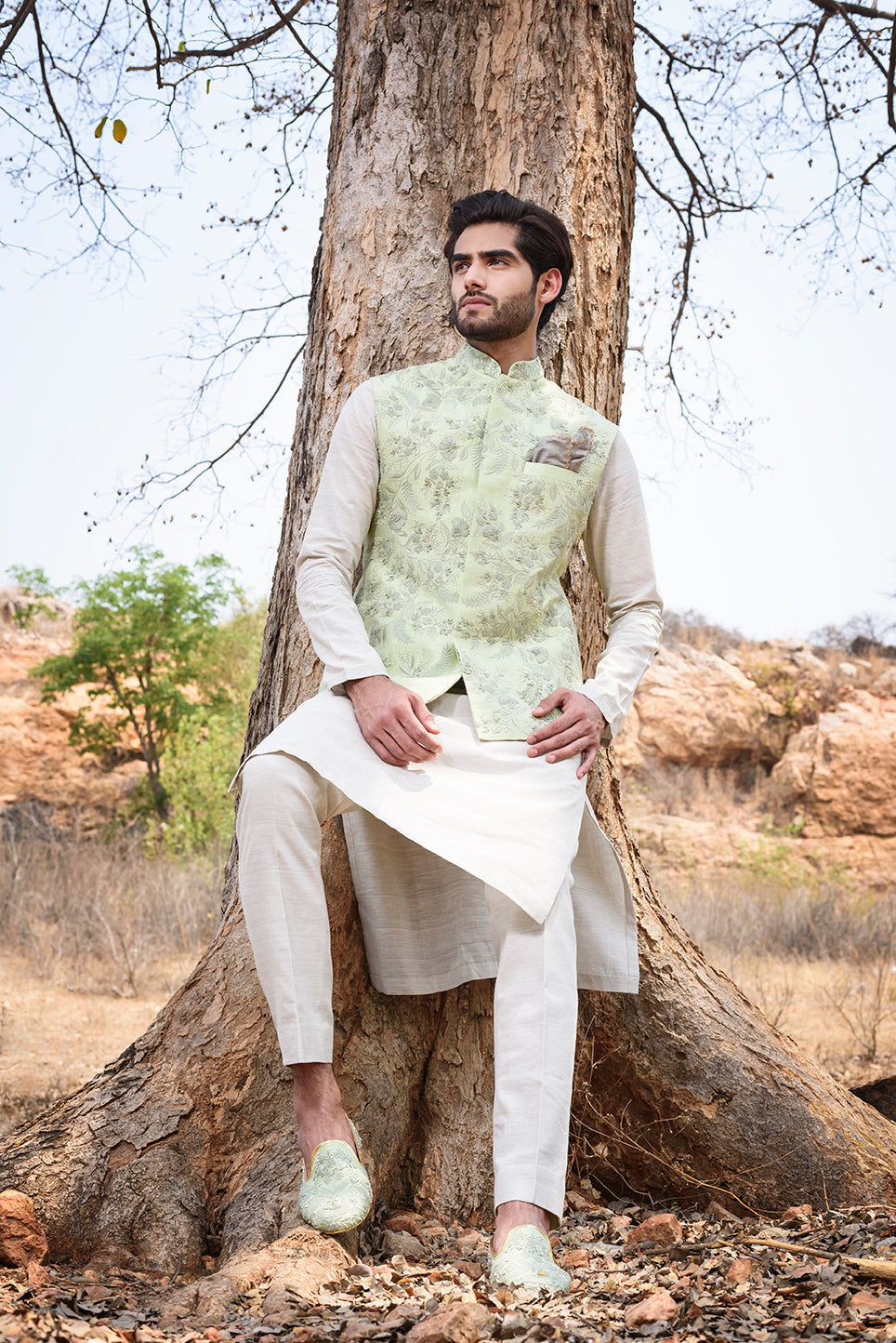 Mint Green Rawsilk with Self Threadwork Embroidery and Pearl Highlights - The Grand Trunk