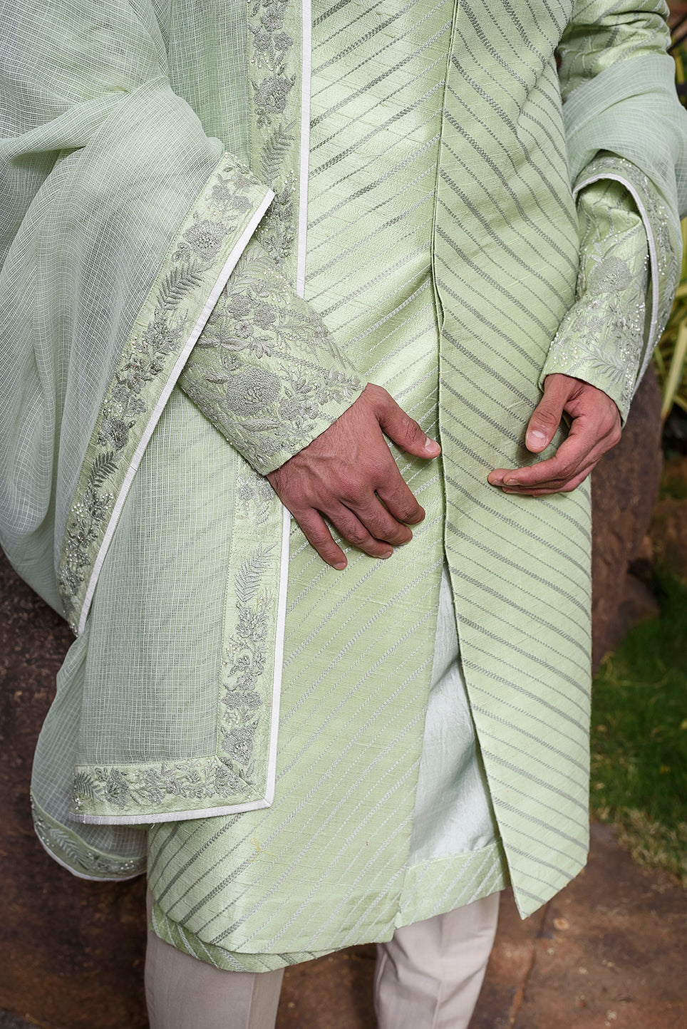 Mint Green Rawsilk with Self Threadwork Embroidery and Pearl Highlights - The Grand Trunk