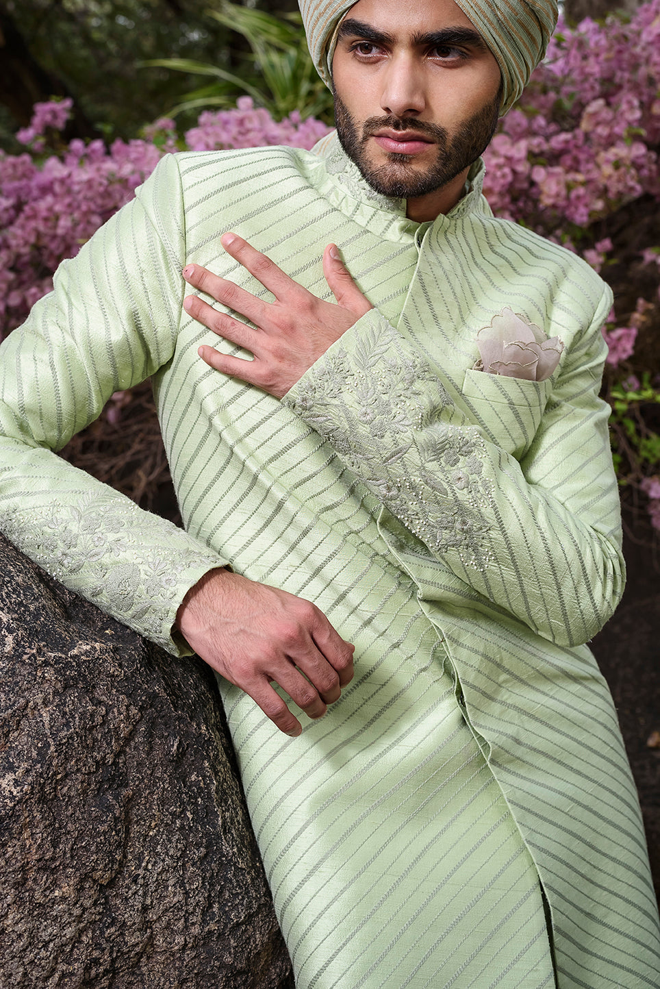 Mint Green Rawsilk with Self Threadwork Embroidery and Pearl Highlights - The Grand Trunk