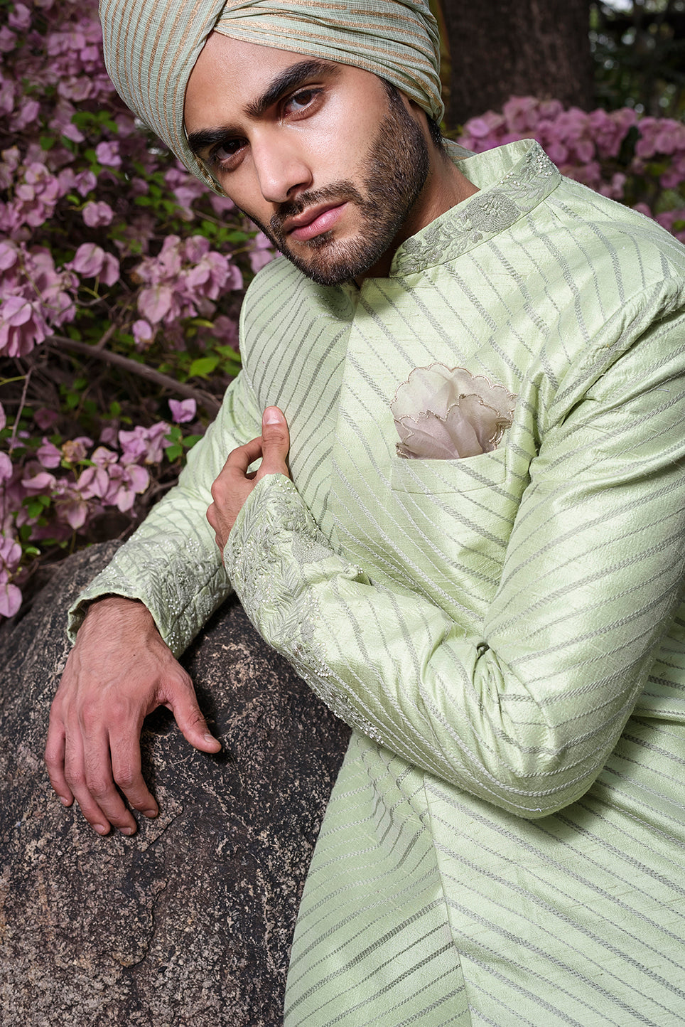 Mint Green Rawsilk with Self Threadwork Embroidery and Pearl Highlights - The Grand Trunk