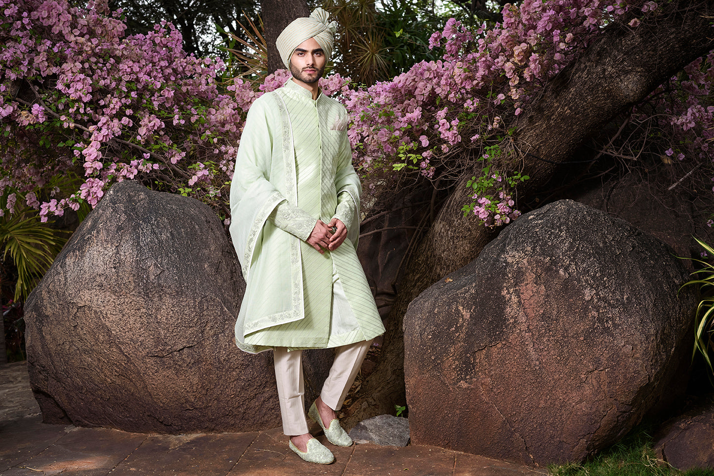 Mint Green Rawsilk with Self Threadwork Embroidery and Pearl Highlights - The Grand Trunk