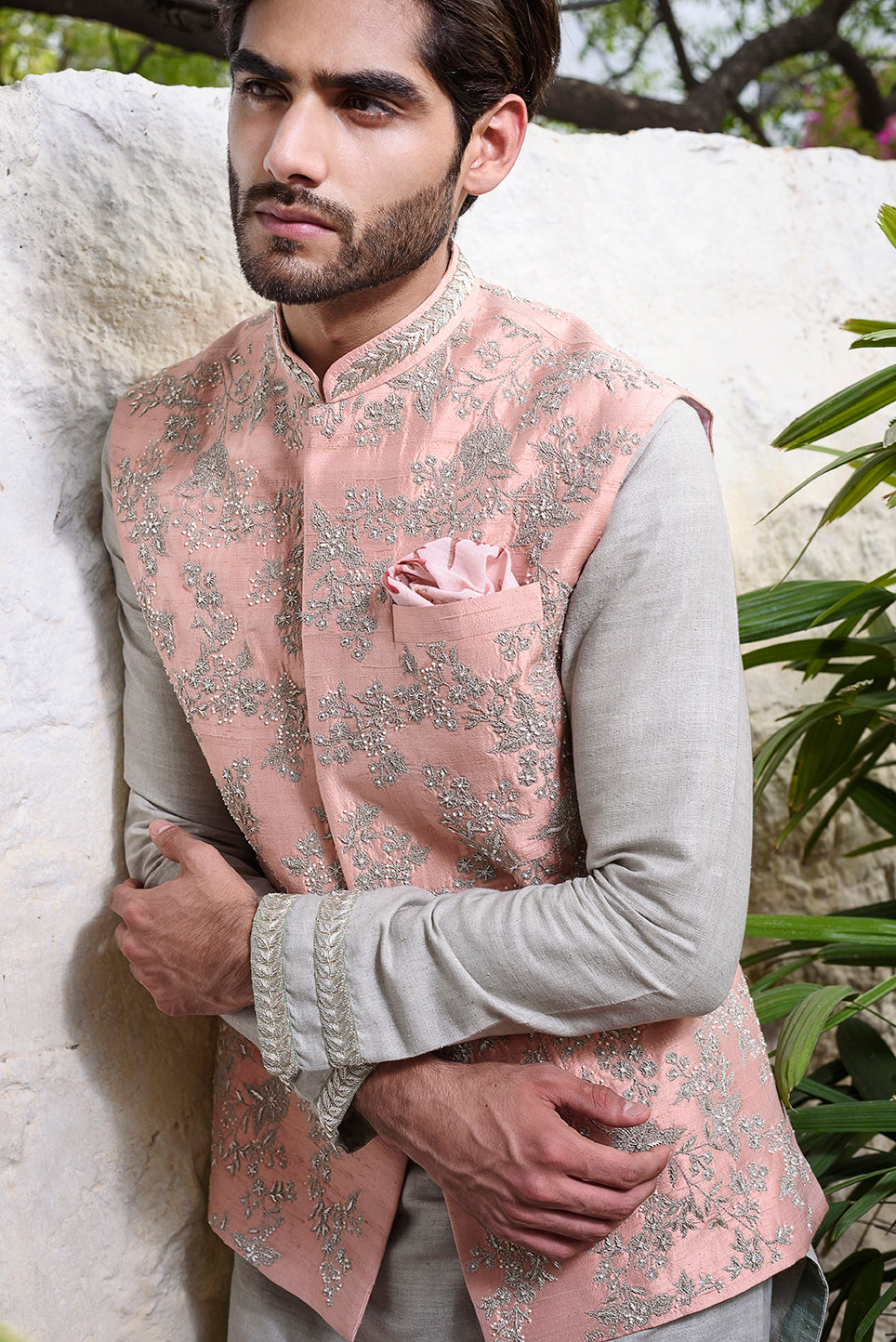 Pink rawsilk Nehru Jacket with  threadwork embroidery and pearl highlights - The Grand Trunk