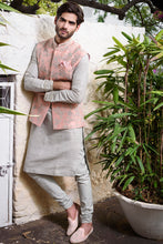 Load image into Gallery viewer, Pink rawsilk Nehru Jacket with  threadwork embroidery and pearl highlights - The Grand Trunk