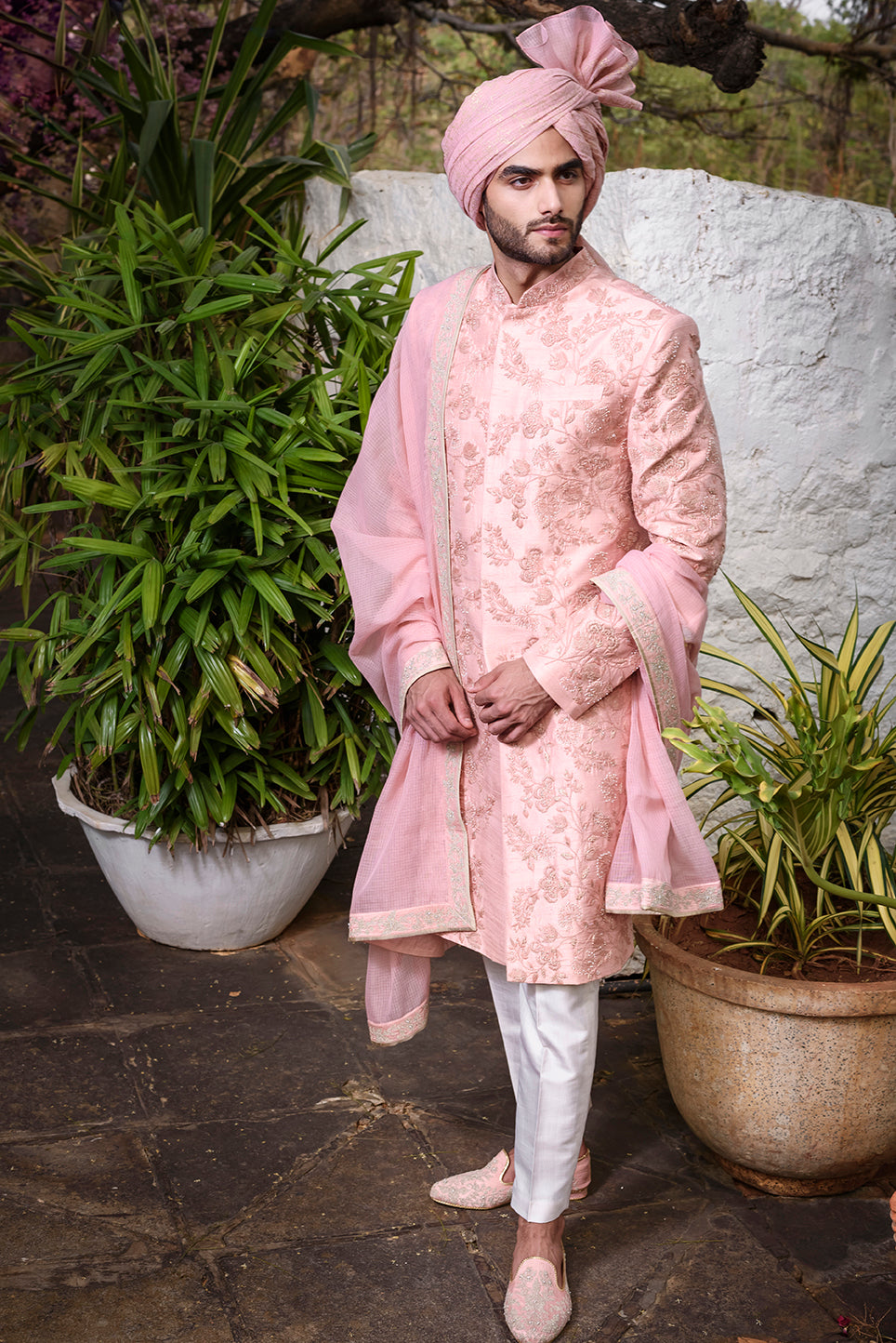 Pink rawsilk Sherwani with self threadwork embroidery and pearl highlights - The Grand Trunk