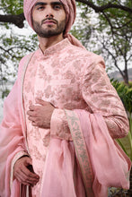 Load image into Gallery viewer, Pink rawsilk Sherwani with self threadwork embroidery and pearl highlights - The Grand Trunk