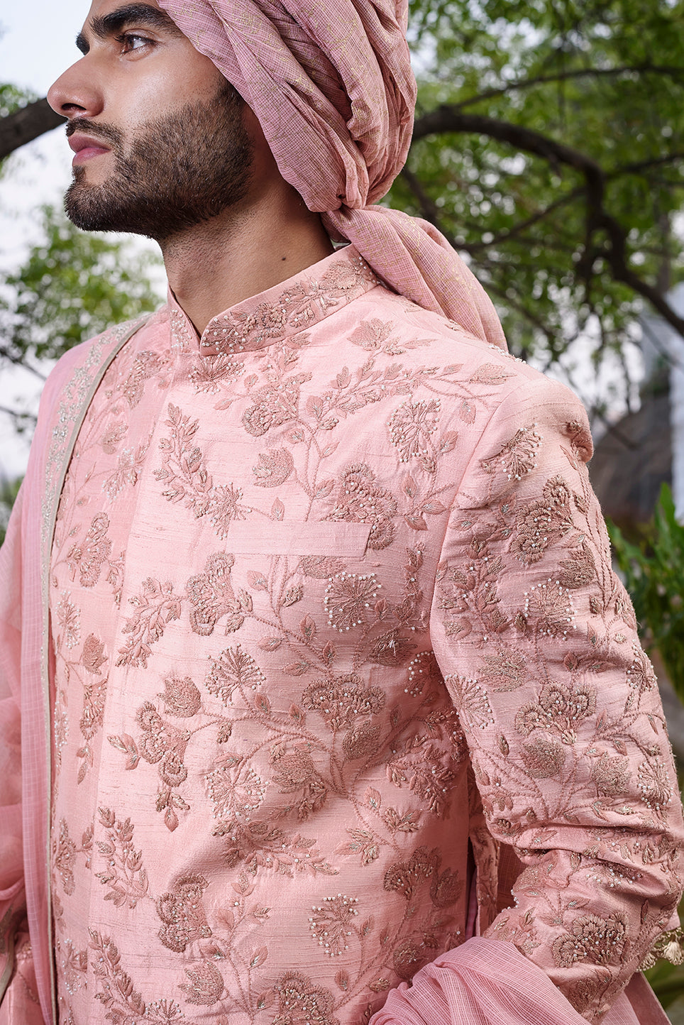Pink rawsilk Sherwani with self threadwork embroidery and pearl highlights - The Grand Trunk
