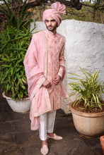 Load image into Gallery viewer, Pink rawsilk Sherwani with self threadwork embroidery and pearl highlights - The Grand Trunk