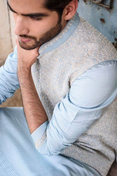 Powder blue rawsilk with self threadwork embroidery and pearl highlights - The Grand Trunk