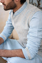 Load image into Gallery viewer, Powder blue rawsilk with self threadwork embroidery and pearl highlights - The Grand Trunk