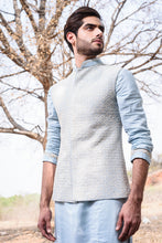 Load image into Gallery viewer, Powder blue rawsilk with self threadwork embroidery and pearl highlights - The Grand Trunk