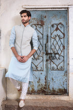 Load image into Gallery viewer, Powder blue rawsilk with self threadwork embroidery and pearl highlights - The Grand Trunk